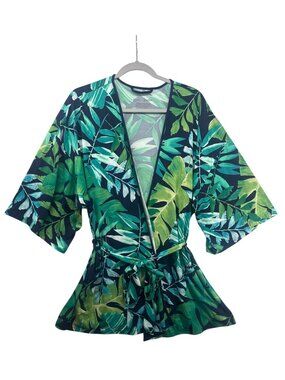 Lilac + London Womens Wrap Robe Sz L Knit Tropical Beachy Comfy LoungeWear Palm